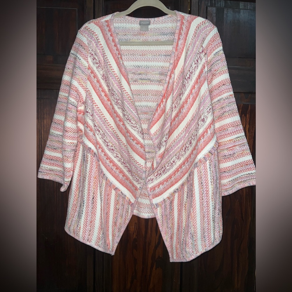 Chico’s‎  pink textured cardigan with fringe. Size L